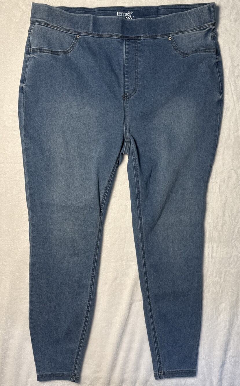 Terra & Sky Woman's 1X Pull On Jean Jeggings High Rise Stretch Casual lightwash